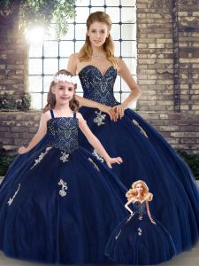 Vintage Sleeveless Floor Length Beading and Appliques Lace Up Quinceanera Dresses with Navy Blue
