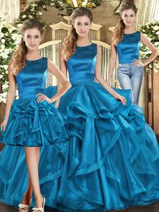 Wonderful Sleeveless Organza Floor Length Lace Up Quinceanera Gowns in Teal with Ruffles