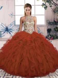 Fine Rust Red Halter Top Lace Up Beading and Ruffles Vestidos de Quinceanera Sleeveless