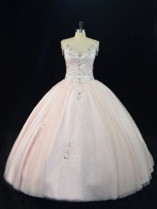 Inexpensive Pink 15 Quinceanera Dress Sweet 16 and Quinceanera with Beading V-neck Sleeveless Lace Up