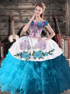 Cute Teal Organza Lace Up Off The Shoulder Sleeveless Floor Length 15 Quinceanera Dress Embroidery and Ruffles