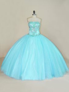 Aqua Blue Sleeveless Tulle Lace Up Quinceanera Dress for Sweet 16 and Quinceanera