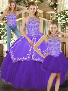 Fancy Purple Lace Up Halter Top Beading and Embroidery Quince Ball Gowns Satin and Tulle Sleeveless