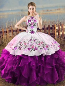 Nice Pink And White Halter Top Neckline Embroidery and Ruffles Ball Gown Prom Dress Sleeveless Lace Up