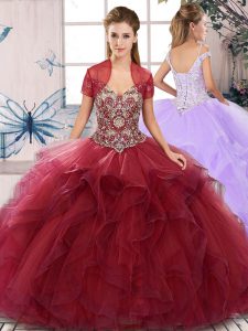 New Style Burgundy Lace Up Quinceanera Gown Beading and Ruffles Sleeveless Floor Length