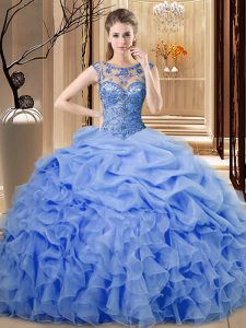 Custom Made Beading and Ruffles Quinceanera Gown Blue Lace Up Sleeveless Floor Length