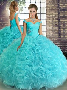 Inexpensive Aqua Blue Ball Gowns Off The Shoulder Sleeveless Fabric With Rolling Flowers Floor Length Lace Up Beading Quinceanera Dresses