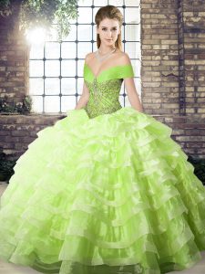 Off The Shoulder Sleeveless Organza Quinceanera Dress Beading and Ruffled Layers Brush Train Lace Up