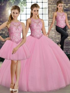 Pink Three Pieces Embroidery 15 Quinceanera Dress Lace Up Tulle Sleeveless Floor Length