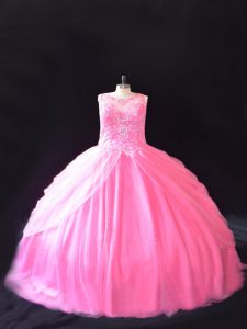 Fashionable Rose Pink Ball Gowns Beading Sweet 16 Quinceanera Dress Lace Up Tulle Sleeveless