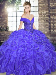 Sophisticated Lavender Ball Gown Prom Dress Military Ball and Sweet 16 and Quinceanera with Beading and Ruffles Off The Shoulder Sleeveless Lace Up