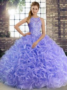 Lavender Ball Gowns Scoop Sleeveless Fabric With Rolling Flowers Floor Length Lace Up Beading 15 Quinceanera Dress