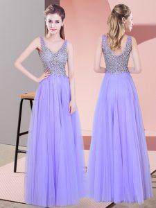 Affordable Lavender Sleeveless Floor Length Beading Zipper Prom Dresses