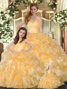 Exceptional Floor Length Gold Quinceanera Gown Organza Sleeveless Beading and Ruffles