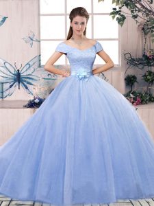 Fashionable Short Sleeves Lace Up Floor Length Lace and Hand Made Flower Sweet 16 Dress
