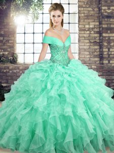 Superior Apple Green Lace Up Quinceanera Gowns Beading and Ruffles Sleeveless Brush Train