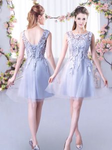 Tulle Scoop Sleeveless Lace Up Lace Quinceanera Dama Dress in Grey