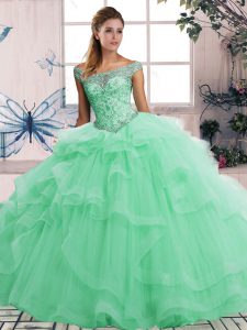 Perfect Floor Length Lace Up Sweet 16 Dresses Apple Green for Military Ball and Sweet 16 and Quinceanera with Beading and Ruffles
