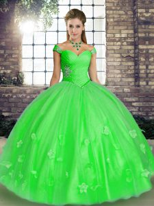 Suitable Green Ball Gowns Tulle Off The Shoulder Sleeveless Beading and Appliques Floor Length Lace Up Sweet 16 Dresses