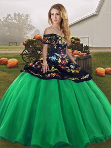 Suitable Off The Shoulder Sleeveless Ball Gown Prom Dress Floor Length Embroidery Turquoise Tulle