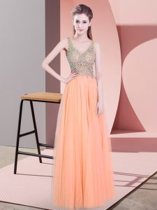 Glamorous Orange Sleeveless Floor Length Beading Zipper Evening Dress