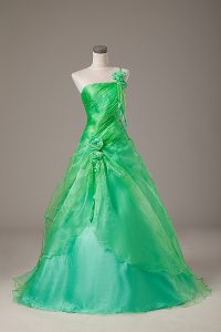 Green Ball Gowns Hand Made Flower Quinceanera Gowns Lace Up Organza Sleeveless Floor Length