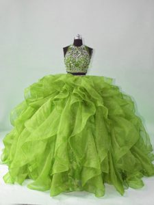 Luxury Beading and Ruffles Sweet 16 Dresses Green Backless Sleeveless Brush Train