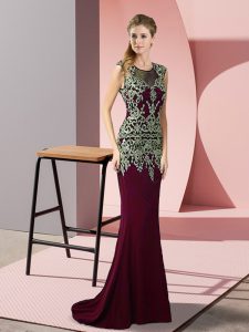 Best Selling Burgundy Dress for Prom Satin Sweep Train Sleeveless Appliques