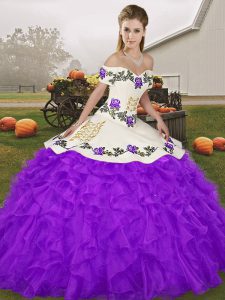 Purple Lace Up Quinceanera Gown Embroidery and Ruffles Sleeveless Floor Length