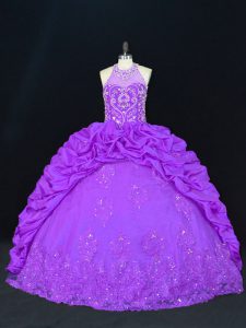 Fashionable High-neck Sleeveless Lace Up Beading and Appliques and Embroidery and Pick Ups Quinceanera Dress in Purple