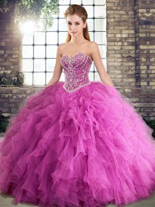 Unique Rose Pink Lace Up Sweetheart Beading and Ruffles Quinceanera Gown Tulle Sleeveless