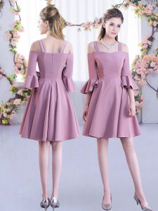 Pink A-line Off The Shoulder Half Sleeves Chiffon Mini Length Zipper Ruching Vestidos de Damas