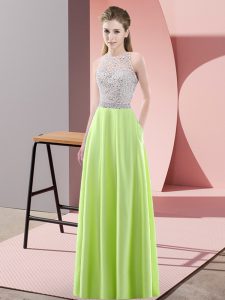 Affordable Sleeveless Satin Floor Length Backless Prom Evening Gown in Yellow Green with Beading
