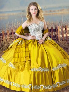 Stunning Gold Satin Lace Up Sweetheart Sleeveless Floor Length 15th Birthday Dress Beading and Embroidery