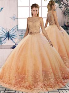 Tulle Scalloped Sleeveless Sweep Train Backless Lace Quinceanera Dresses in Peach