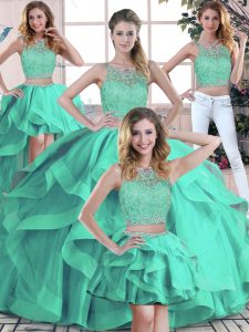 Sleeveless Tulle Floor Length Zipper Quinceanera Gown in Turquoise with Beading and Ruffles