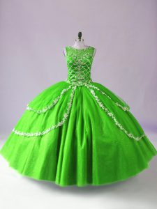Tulle Scoop Sleeveless Zipper Beading and Appliques Quinceanera Dresses in Green
