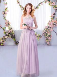 Fabulous Lace and Belt Damas Dress Lavender Side Zipper Sleeveless Floor Length