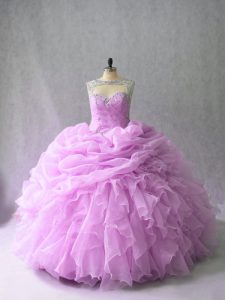 Sweet Beading and Ruffles Quinceanera Gowns Lilac Lace Up Sleeveless Brush Train