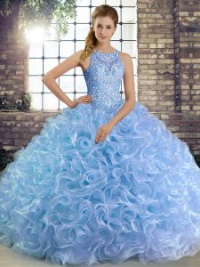 Ideal Floor Length Lavender Quinceanera Gowns Fabric With Rolling Flowers Sleeveless Beading