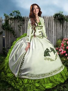 Clearance Sleeveless Floor Length Embroidery and Ruffles Lace Up Ball Gown Prom Dress with Olive Green