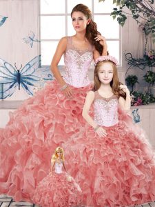Free and Easy Watermelon Red Ball Gowns Organza Scoop Sleeveless Beading and Ruffles Floor Length Clasp Handle Sweet 16 Quinceanera Dress