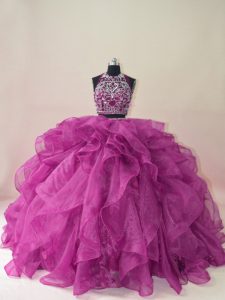 Suitable Brush Train Ball Gowns Sweet 16 Dress Fuchsia Scoop Organza Sleeveless Backless