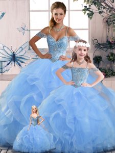 Blue Sleeveless Beading and Ruffles Floor Length Quinceanera Dress