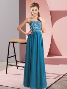 Comfortable Teal Chiffon Lace Up Evening Gowns Sleeveless Floor Length Beading