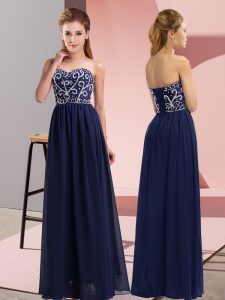 Clearance Navy Blue Empire Sweetheart Sleeveless Chiffon Floor Length Lace Up Beading Homecoming Dress