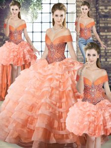 Ideal Peach Sleeveless Beading and Ruffled Layers Lace Up Sweet 16 Dress