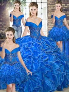 Off The Shoulder Sleeveless Lace Up Sweet 16 Dresses Royal Blue Organza