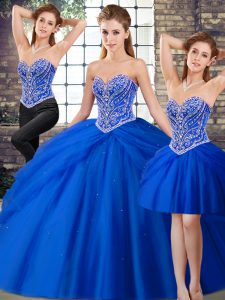Attractive Royal Blue 15 Quinceanera Dress Military Ball and Sweet 16 and Quinceanera with Beading and Pick Ups Sweetheart Sleeveless Brush Train Lace Up