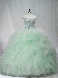 Cute Apple Green Strapless Neckline Beading and Ruffles 15th Birthday Dress Sleeveless Lace Up